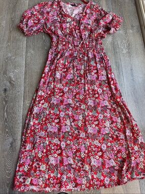 Red Floral Midi Spring Wedding Guest Dress with Pink Accents AS0663